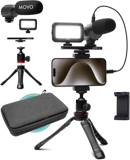 Movo USB-C Vlogging Kit for iPhone 15/16 - Phone Video Kit Accessories: Phone Tripod, Phone Mount, LED Light and Shotgun Microphone - Youtube Starter Kit for Content Creation, TikTok, Podcasts