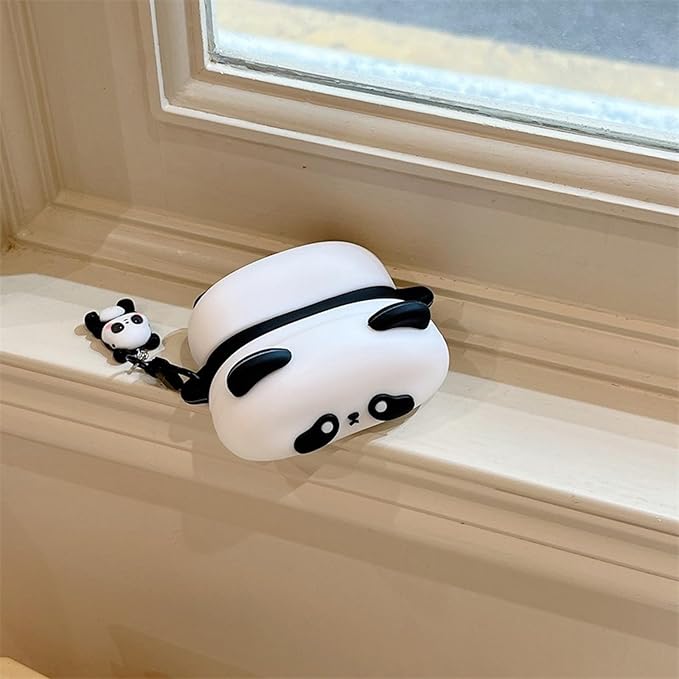 Wireless Charging Earphone Case Compatible with Airpods 4, Cute Animal Lying Panda Design Soft Silicone Full Body Protective Skin Cover, Kids Girls Women Cartoon Earbuds Accessories with Pendant