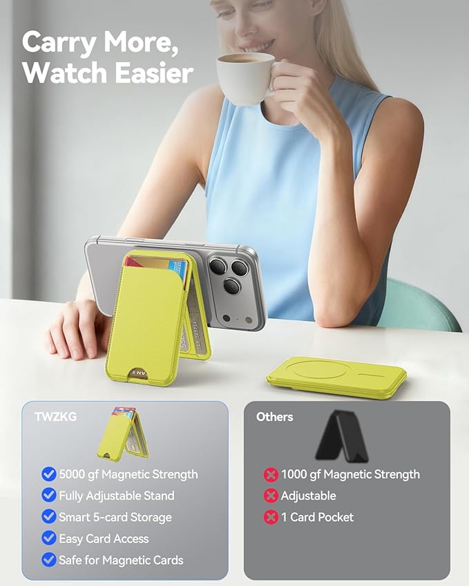 for MagSafe Wallet, 5 Cards Holder with Stand, Magnetic Phone Wallet Stand for iPhone 17/16/15/14/13/12 Pro Max Air Plus Series, RFID Blocking Vegan Leather,Fluorescent Yellow