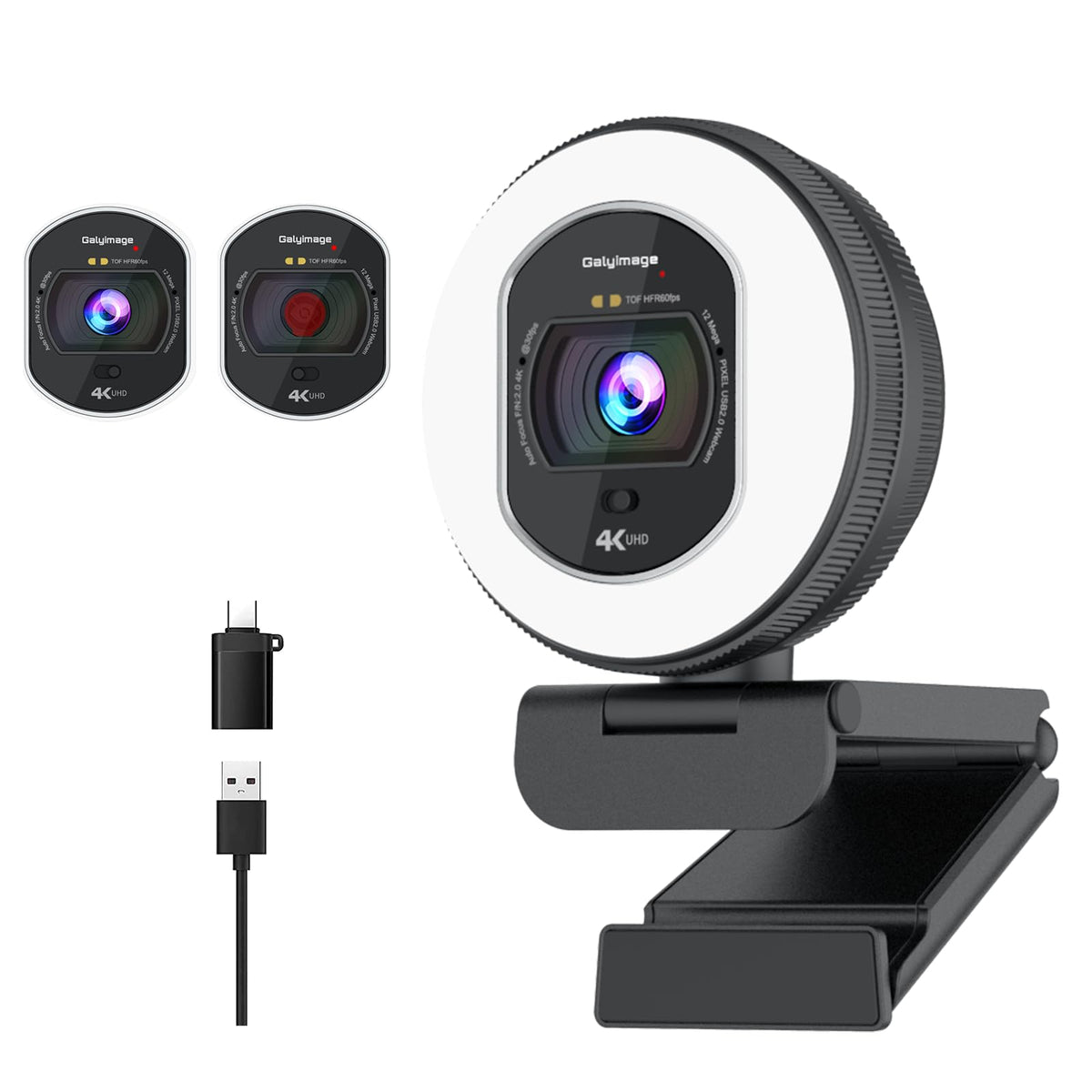 4K Webcam with Ring Light & Built-in Microphone for PC Streaming