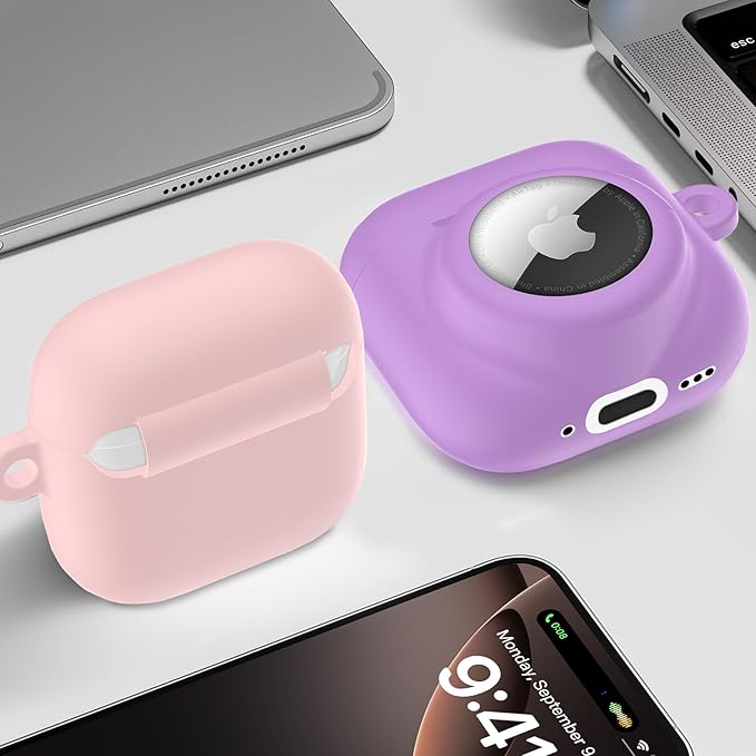 2 in 1 Silicone Case Compatible with AirPod 4 and AirTag 2/1, Shockproof Protective Skin Cover for AirPods 4th Generation with Cleaner Kit & Carabiner (Pink)