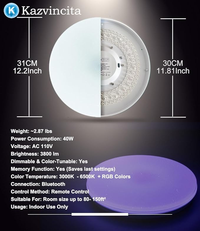 BT-Version LED Ceiling Light with Speaker 40W 12Inch Music Ceiling Lamp with Remote Control Adjustable Brightness & Color Temperature RGB Ambient Lighting for Kids Room Bedroom and More