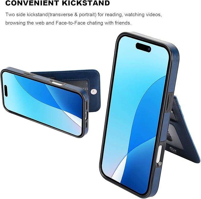 KIHUWEY for iPhone 16 Case Wallet Compatible with MagSafe Wireless Charging, Credit Card Holder, RFID Flip Leather Magnetic Clasp Kickstand Heavy Duty Protective Cover 6.1 Inch (Blue)