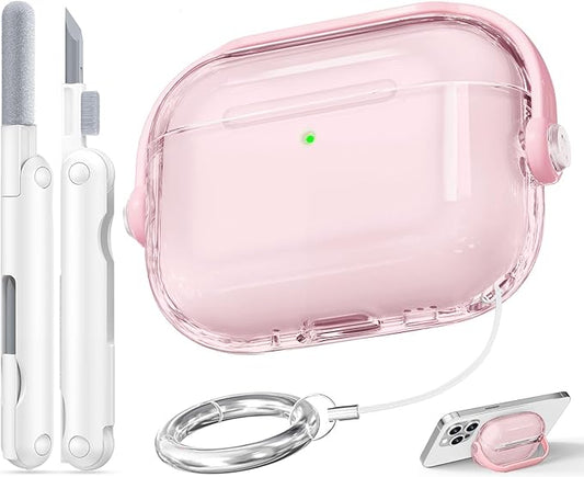 for Airpods Pro 3 Case,Safety Lock Cases for Apple Airpod Pro 3 (2025) with Phone Stand & Cleaner Kit,Drop Protection Air pods Pro3 Case Cover for Men Women with Keychain,Clear Pink