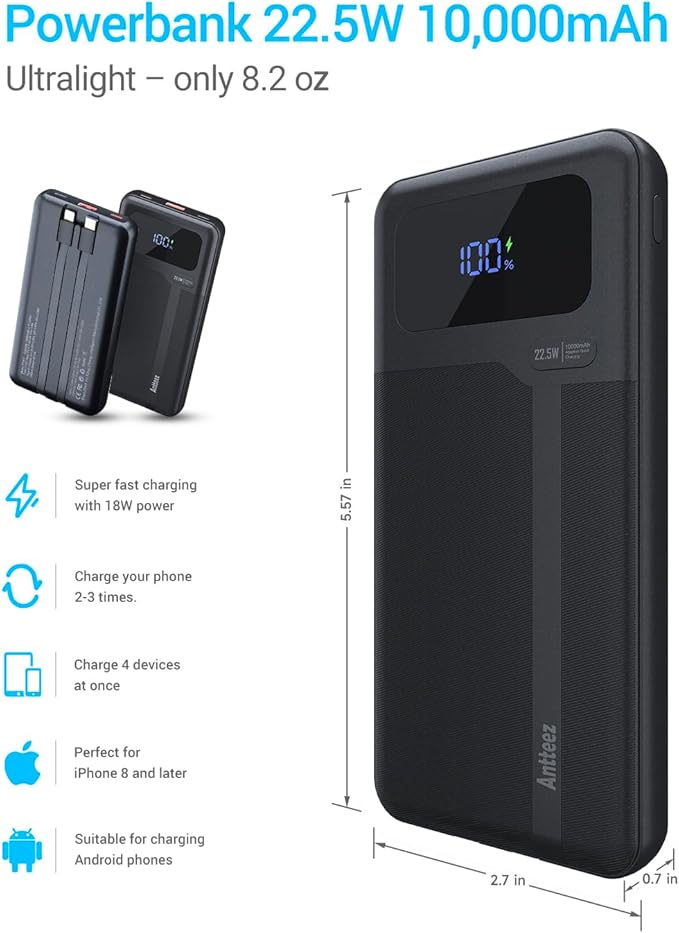 Antteez Portable Charger with Built in Cable - 10000mAh Fast Charging 22.5W Power Bank USB C LED Display Travel Battery Pack 4 Outputs & 2 Inputs for iPhone Samsung iPad Phones Tablets