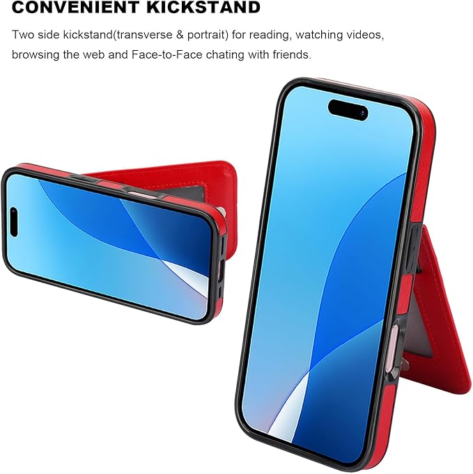 KIHUWEY Compatible with iPhone 16 Case Wallet with Credit Card Holder, Flip Premium Leather Magnetic Clasp Kickstand Heavy Duty Protective Cover for iPhone 16 6.1 Inch (Red)