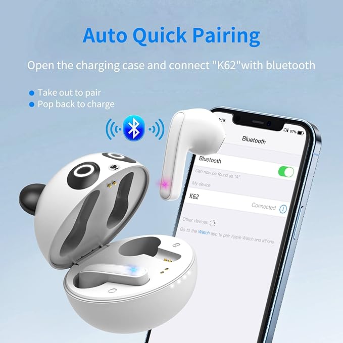 Kids Earbuds, Wireless Bluetooth Girls Boys Headphones with Microphones, 85dB Healthy Volume Control Protect Hearing, Lightweight, Waterproof, 30Hrs Playtime,Earphones for iPad Tablet Computers, Panda