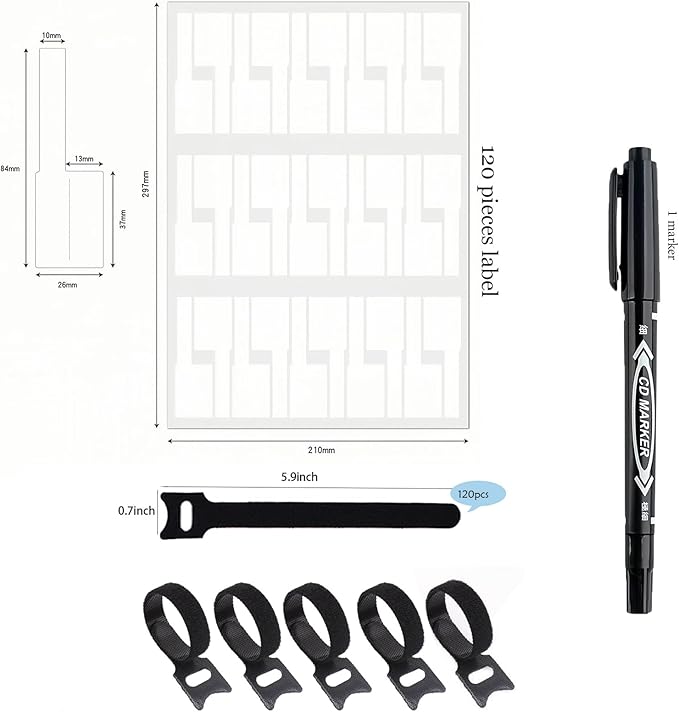 240-Pack Reusable Cable Labels & 6-Inch Black Hook & Loop Ties Bundle - Wire Management System w/Bonus Marker, Water-Resistant Cord Organizer for Home Office, Electronics, Computer Wires