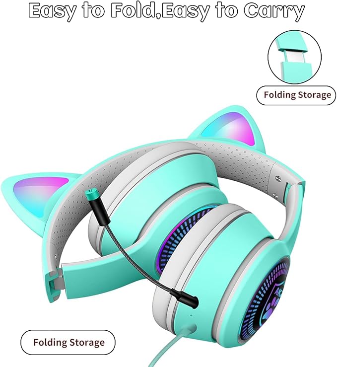 Cat Ear Gaming Headphones Wired AUX 3.5mm with LED Light, VIGROS Flashing Stereo Game Headphones Surround Sound Over-Ear Headsets with Microphone Fit Kids & Adult for PC, PS4, Switch, Mobile, Laptop