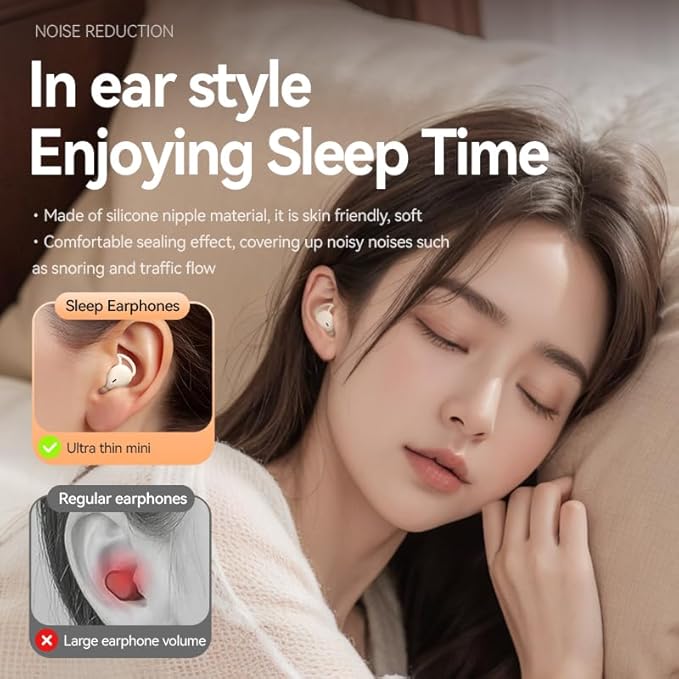 Sleep Headphones Bluetooth 5.4, 60Hrs Hi-Res Audio Wireless Earbuds for Side Sleepers, 8H Single Use, Type-C Fast Charge, LED Display, Sliding Cover Case, Noise Cancelling