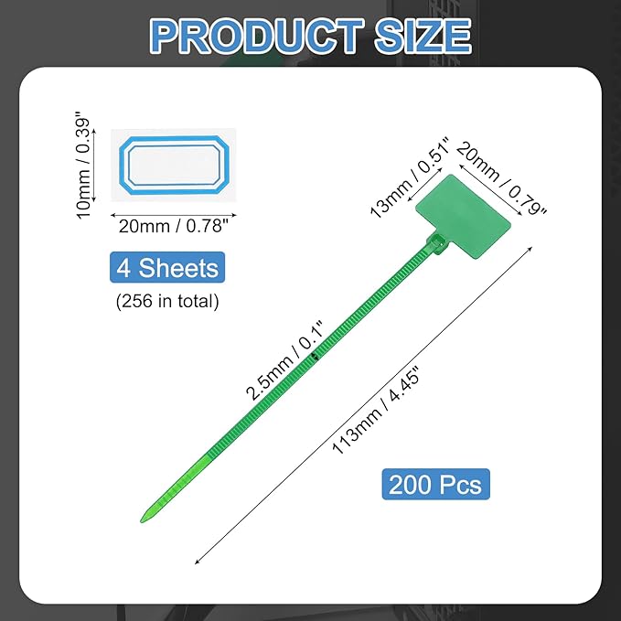 PATIKIL 4inch Zip Ties, 200pcs Cable Ties Tags Nylon Wire Marking Label Self Locking Plastic Straps Write on with Label Tags Paper for Organization Cord Network Ethernet Marking, Green