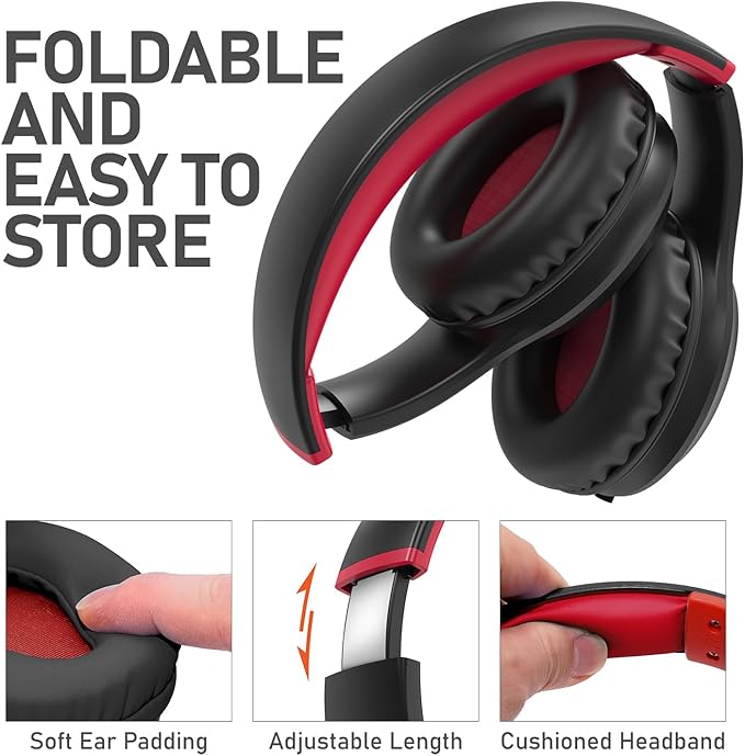 FosPower Kids Headphones with 3.5mm Laced Cables, Children & Teens Over The Ear Foldable Adjustable Headset w/Built-in Mic for Smartphones/PC/Tablet/Laptop/School (Max Volume 85dB) - Black/Red