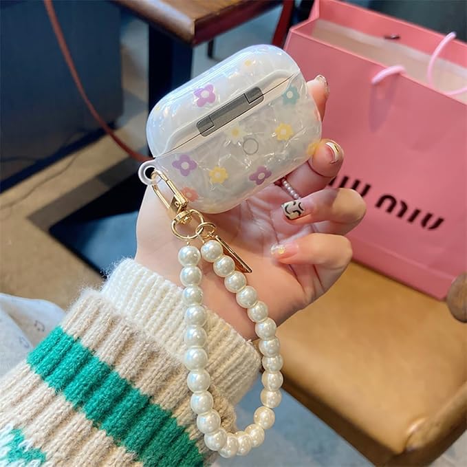 for Cute Glitter Airpods Pro/Pro 2 Gen Case with Cleaner Pen, Shell Pattern iPod Pro 2nd/1st Generation Cover Protective Skin Girl Women with Luxury Pearl Keychain 2023/2022/2019 - Flower