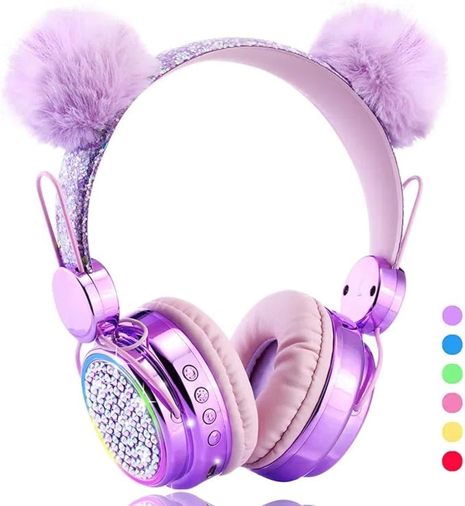 Kids Headphones Wireless Bluetooth 5.3 Colorful LED Lights Over-Ear 85dB Volume Limited Girls Headphones for Children/Teens/Gift/School/Tablet/Travel (Purple)