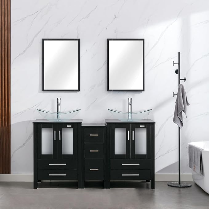 eclife 60" Modern Bathroom Vanity Sink Combo Freestanding Cabinet with Small Side Cabinet, Clear Boat Glass Vessel Sink, Water Save Faucet, Drain (Black+A29TT)
