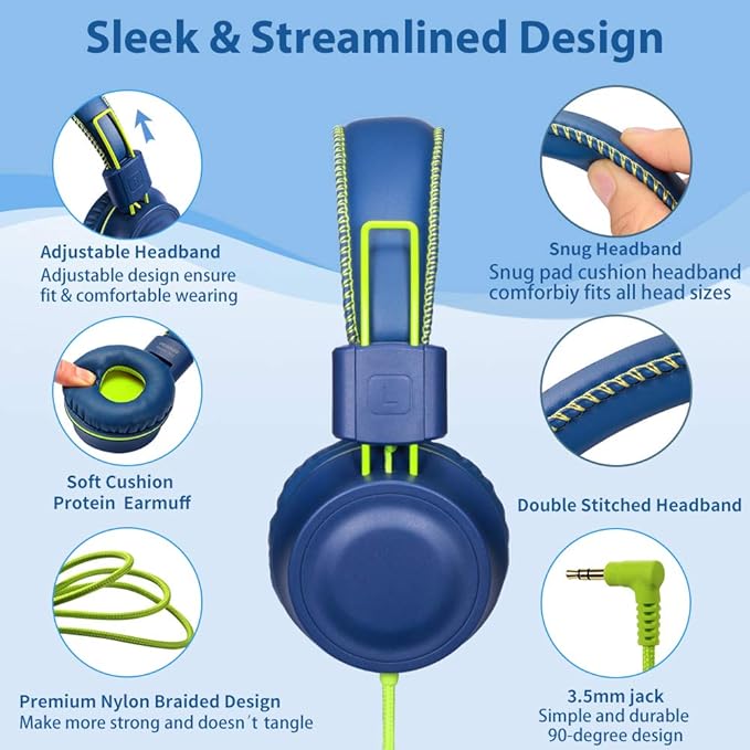M2 Kids Headphones Wired Headphone for Kids,Foldable Adjustable Stereo Tangle-Free,3.5MM Jack Wire Cord On-Ear Headphone for Children/Teens/Girls/School/Kindle/Airplane/Plane/ (Blue)