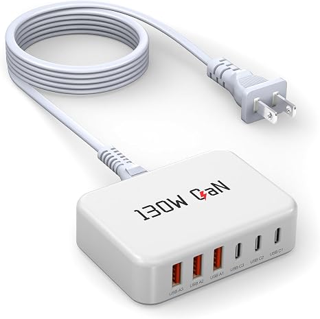 130W USB C Charger Block GaN 6 Port Fast USB C Charging Station for iPhone