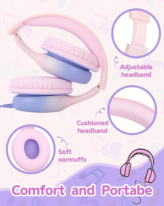 Over Ear Kids Headphones with HD Mic, Safe Volume Limited Wired Headphones for School, Travel, Stereo Sound Headphones with Cord, Foldable 3.5mm Headphones for iPad, Laptop, PC, Pink-Blue