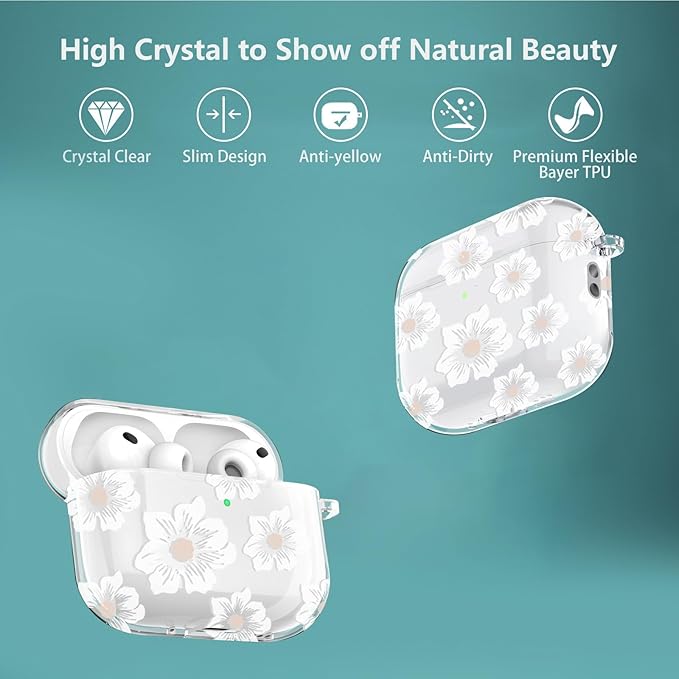 for Airpods pro 3 Case Clear,Cute White Camellia Design for Airpods pro 3 Case Cover,Shockproof Soft TPU Skin Accessories with Girly Flower Keychain&Cleaning Pen for Women Girls-Clear