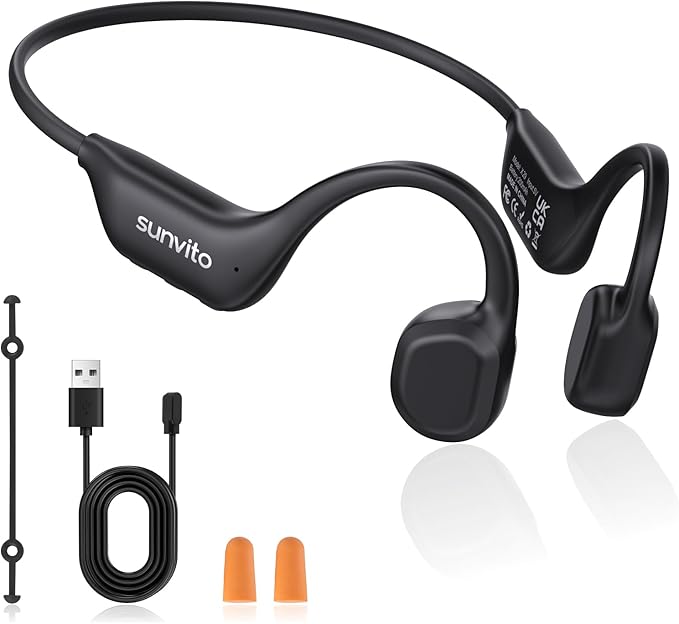 sunvito Bone Conduction Headphones, Open-Ear Bluetooth Wireless Sport Headphones, Ipx6 Waterproof Lightweight Earphones with Earbuds for Running Sports, Gym, Cycling, Long 10H Playtime, Black