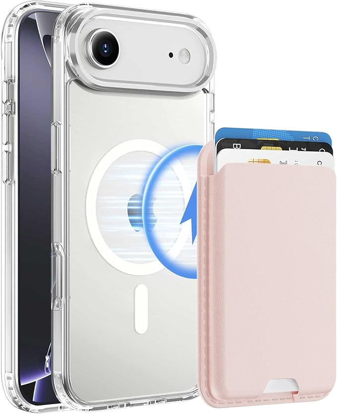 Magnetic for iPhone Air Case & iPhone 17 Air Case Clear with Pink Detachable Wallet, Compatible with MagSafe, Military Protective Slim Phone Cover with Card Holder