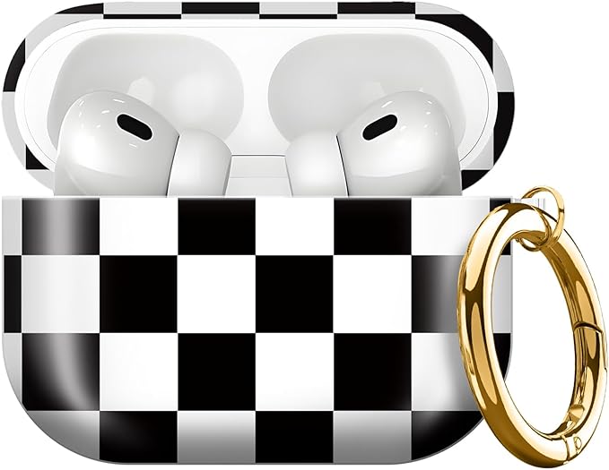 Compatible with AirPods Pro 3rd Generation 2025 Case Cover with Gold Keychain - Cute Protective Hard AirPod Pro 3 Cases for Women - Black White Checkered