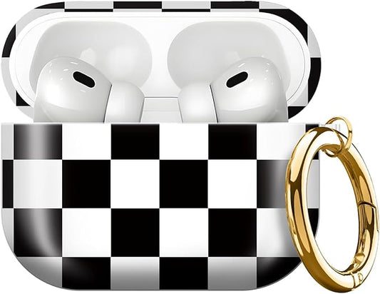 Compatible with AirPods Pro 3rd Generation 2025 Case Cover with Gold Keychain - Cute Protective Hard AirPod Pro 3 Cases for Women - Black White Checkered