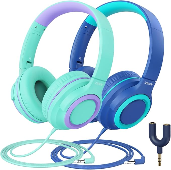 iClever 2Pack Kids Headphones with Sharing Splitter - 85dBA Safe Volume Limited - HS22 Wired Headphones for Kids Teens, Tangle-Free 3.5mm Jack Foldable Stereo for School/Tablet/Travel