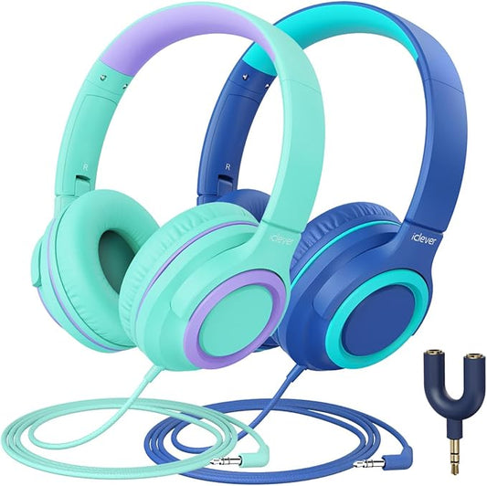 iClever 2Pack Kids Headphones with Sharing Splitter - 85dBA Safe Volume Limited - HS22 Wired Headphones for Kids Teens, Tangle-Free 3.5mm Jack Foldable Stereo for School/Tablet/Travel
