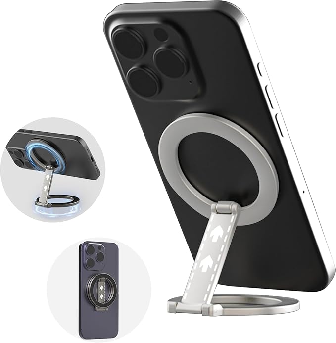 CCSmall Double Sided Magnetic Phone Grip Holder for MagSafe Accessories, Detachable Magnetic Phone Finger Ring Stand Adjustable Kickstand for iPhone 16/15/14/13/12/Samsung/Google 9D Silver