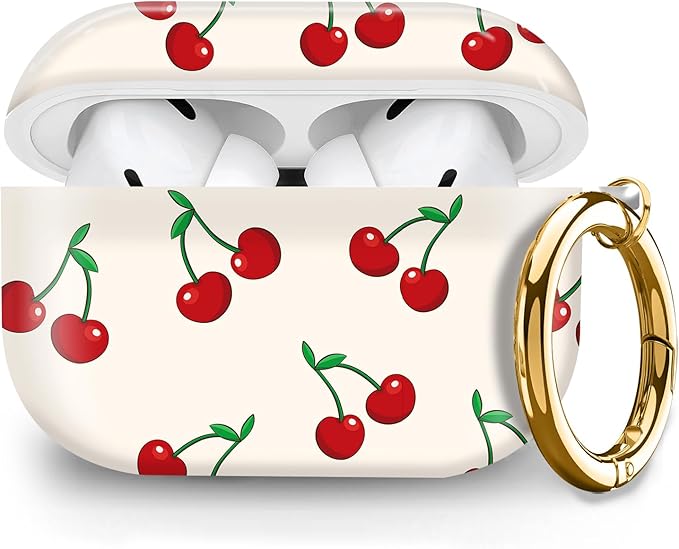 Cute Hard Case Compatible with AirPods Pro 2nd/1st Generation, Protective Cover with Golden Keychain, Fits 2023/2022/2019 Models, for Women, Girls, and Men(Cute Cherry