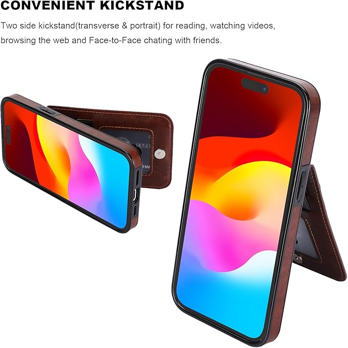 KIHUWEY for iPhone 15 Case Wallet Compatible with MagSafe Wireless Charging, Credit Card Holder, RFID Flip Leather Magnetic Clasp Kickstand Heavy Duty Protective Cover 6.1 Inch (Brown)