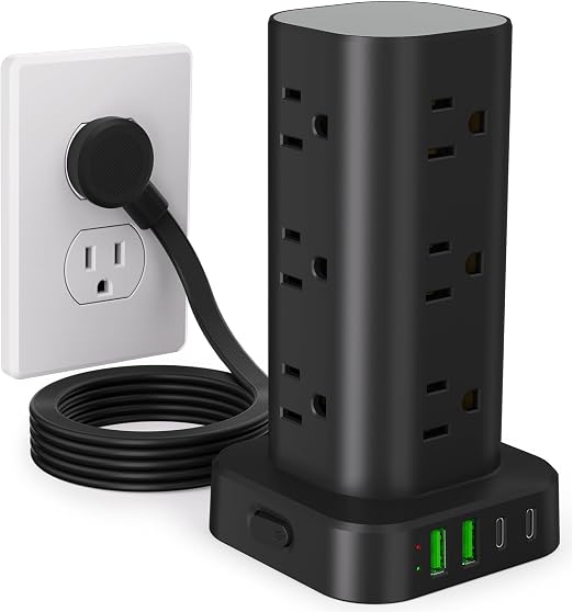 6FT Power Strip Tower Surge Protector, 12 Wide Spaced Outlets, 4 USB