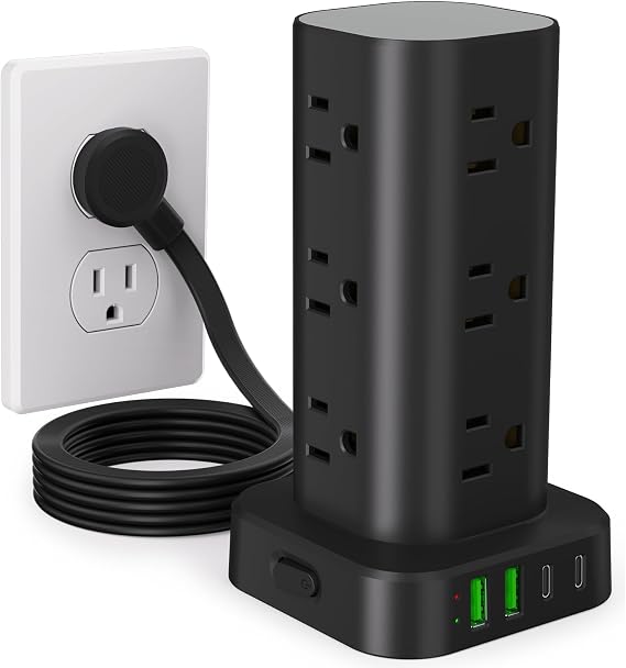 6FT Power Strip Tower Surge Protector, 12 Wide Spaced Outlets, 4 USB