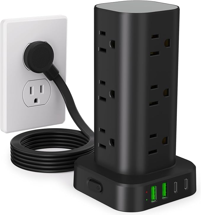 6FT Power Strip Tower Surge Protector, 12 Wide Spaced Outlets, 4 USB