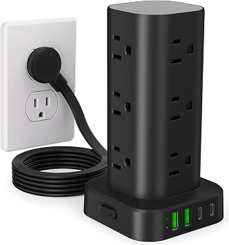 6FT Power Strip Tower Surge Protector, 12 Wide Spaced Outlets, 4 USB