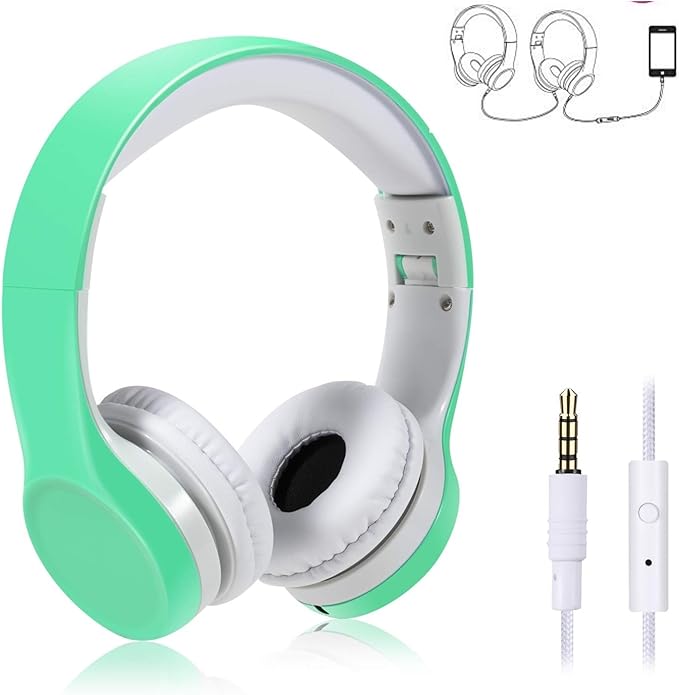 Kids Headphones with Cord, Toddler Headphones with Sharing Function, 85dB/93dB Safe Volume Limit, for Toddler Children Baby Boys Girls On-line Study, School, Travel use (Light Green)