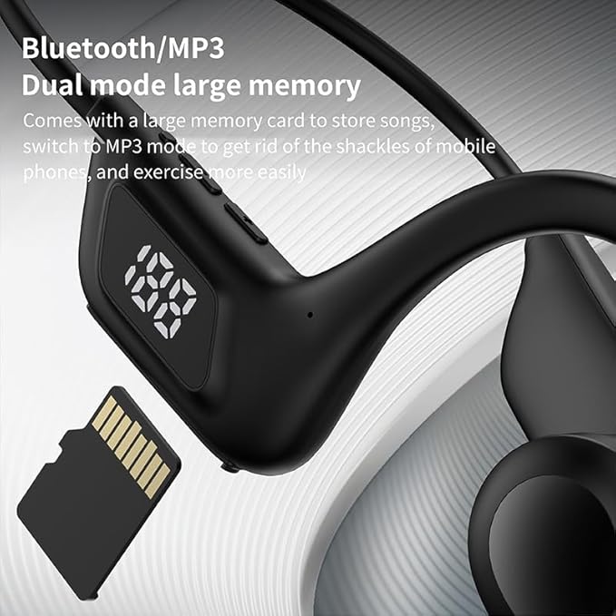Bone Conduction Sports Headphones, Bluetooth MP3 Dual Mode, Black Over-Ear Design with Memory Card Storage, Digital Display (Black)