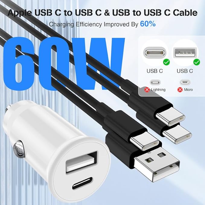 USB C Car Charger for iPhone 17 16 15 Pro Max,40W Dual Port USB-C & USB-A Car Fast Charging Adapter,2X6.6FT C to C Cable & A to C Carplay Cable for iPhone 17 16 15 Series/iPhone Air,iPad,Samsung-Black