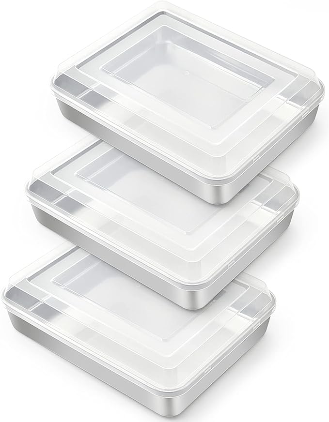 TeamFar Lasagna Pan, Stainless Steel 9.3 x 7 x 1.9 Inch Rectangle Cake Pan with Lid for Baking Roasting, Non-toxic & Deep Side, Dishwasher Safe-(3 Pans + 3 Lids)