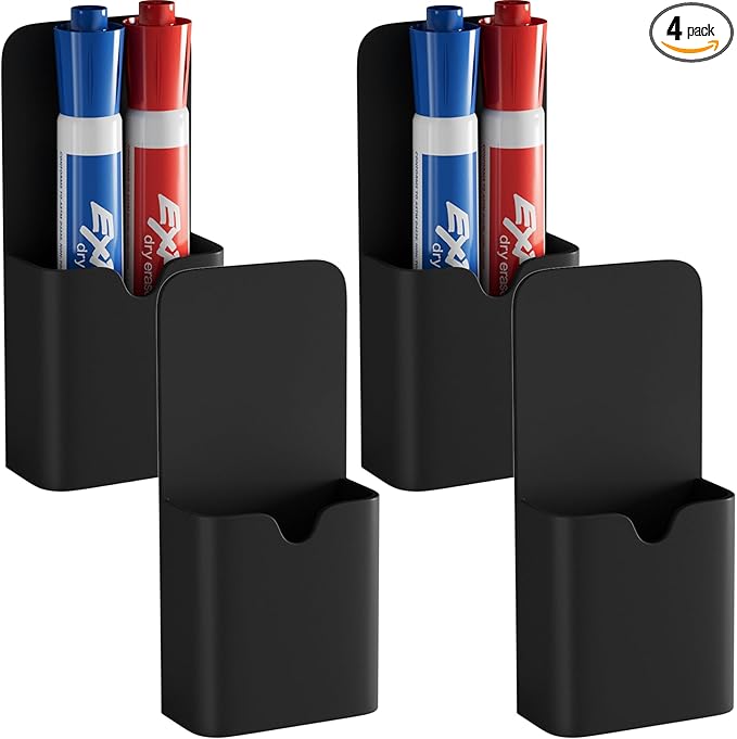 4 Pack Magnetic Marker Holder for Whiteboard, Wall Pen Holder Organizer for Dry Erase Markers, Pencils, Ideal for Classroom, Office, Refrigerator, and Locker (Black)