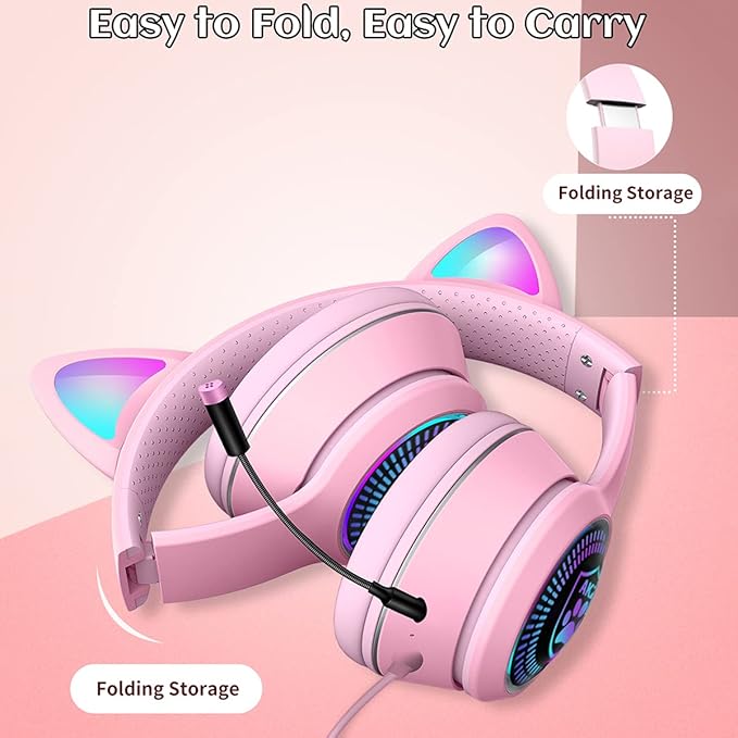 Cat Ear Gaming Headset with Mic RGB LED Light, Flashing Glowing Stereo Headphones, 7.1 Stereo Sound Surround Over-Ear Headset for PC, PS4, PS5, Nintendo Switch,Mobile(Pink)