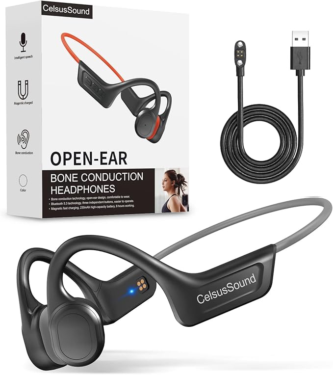 CelsusSound Bone Conduction Headphones,Upgraded IPX7 Waterproof Wireless Earbuds,Open Ear Headphones Bluetooth 5.3 with Mic,10H Playtime for Running,Cycling,Hiking,Gym,Workout（Grey）