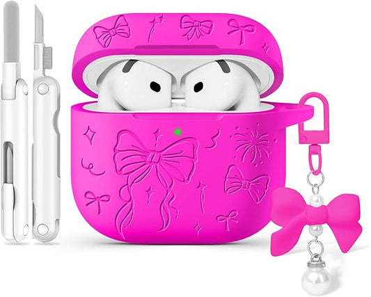for Airpods 4 Case Cover, Joremx Cute Bow Engraved Silicone Protective Case Cover with Keychain, Cleaner Kit for AirPods 4th Generation Case 2024 (Fluorescent Rose Red)