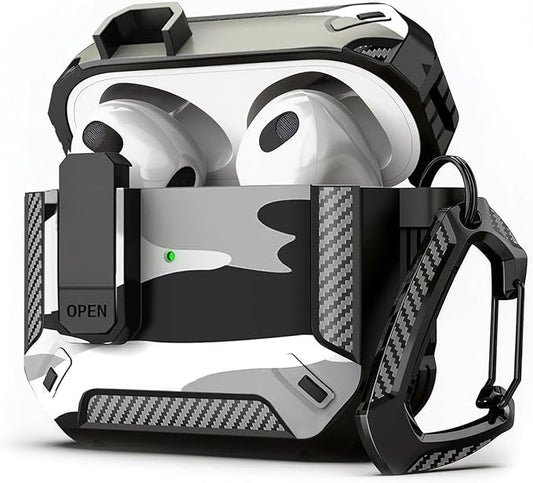 for AirPods 4 Case 2024 with Secure Lock Clip - Military-Grade Drop Protection AirPods 4th Generation Case, Carbon Fiber Shockproof Cover, Automatic Pop-up & Carabiner Hook, Camo Gray