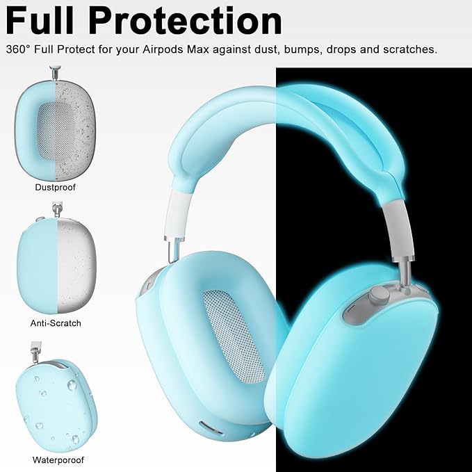 ATUAT for AirPods Max Headphones Case, Protective Silicone Case Cover Skin Accessories Anti-Scratch for Women Men for Apple AirPods Max 2024/2020 (USB-C/Lightning), Fluorescent Blue