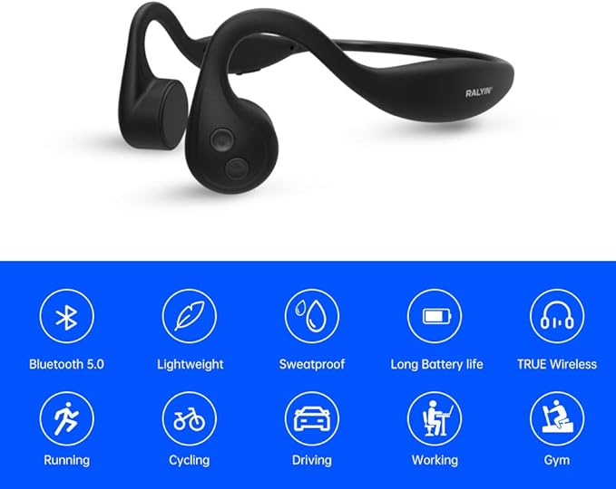 Open Ear Headphones, Bone Conduction Headphones, Built-in MP3 Player 8G Memory, Wireless Open Earphones Bluetooth 5.3, for Running, Cycling, Working, Black