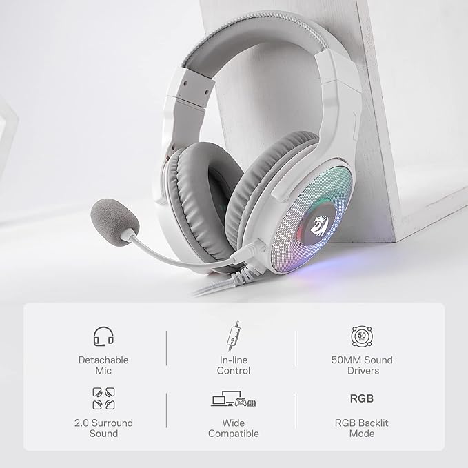 Redragon H350 White Wired Gaming Headset, Dynamic RGB Backlight - Stereo Surround-Sound - 50MM Drivers - Detachable Microphone, Over-Ear Headphones Works for PC/PS4/XBOX One/NS