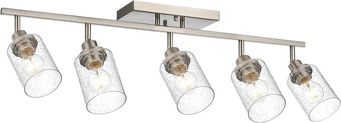 5-Light Brushed Nickel Kitchen Track Lighting Fixtures Ceiling Mount Track Lighting Kit with Bubble Seeded Glass Shade Modern Bathroom Tracking Vanity Lights Ceiling Tracking Accent Shop Light