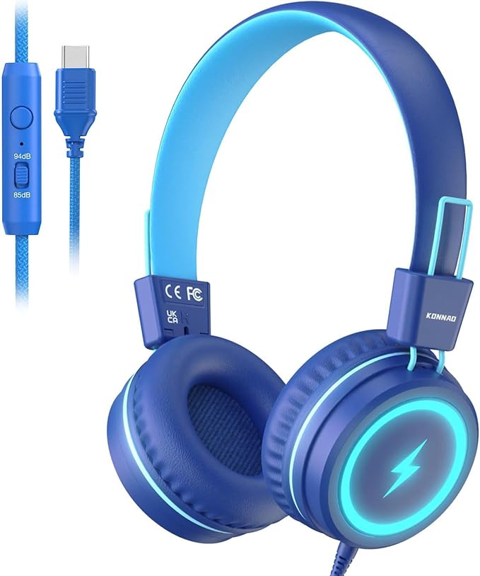 Kid Headphones for School, USB Type C Kids Headphone with LED Lights, Wired Boys Girls Headphones with Safe Limiter 85dB/94dB, Foldable On Ear Headphones with Microphones for Girls, Boys, iPad-Blue
